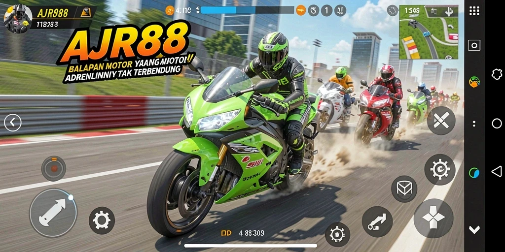 Screenshot gameplay AJR88 menampilkan balapan motor yang seru dan grafis menawan.