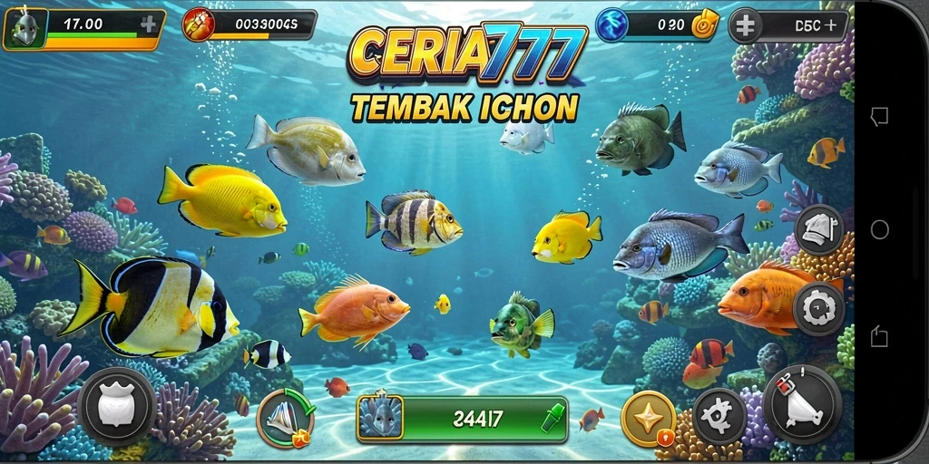 Gameplay CERIA777 saat menembak ikan dengan efek visual yang mengesankan.