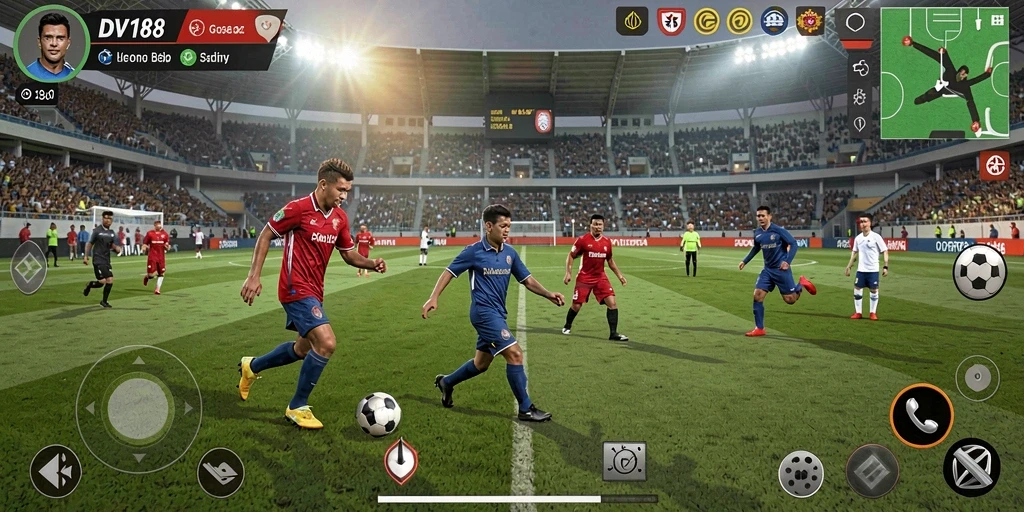 Tampilan gameplay sepak bola yang seru dan mendebarkan.