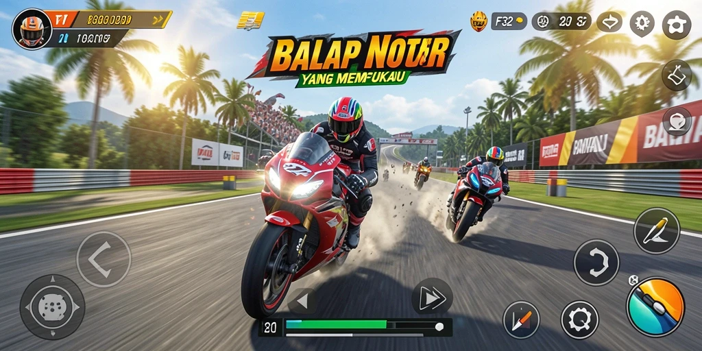 Gameplay F32 menampilkan serunya balap motor di trek yang menantang.