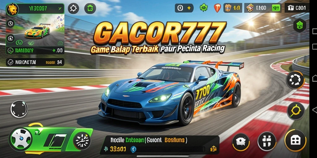 Tampilan gameplay seru di GACOR777 dengan mobil balap di lintasan.