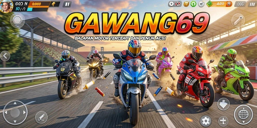 Tampilan gameplay GAWANG69 yang menegangkan dan penuh aksi balapan motor.