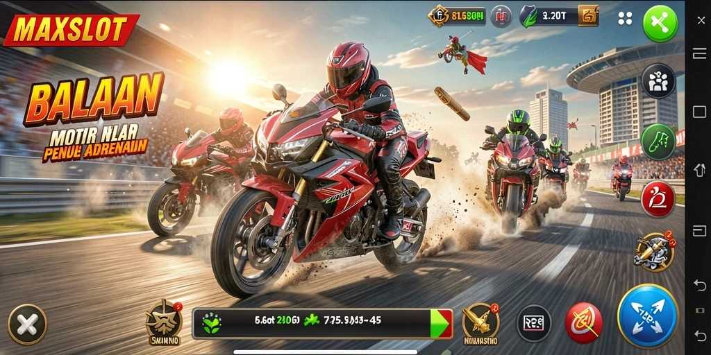 Tampilan utama MAXSLOT menampilkan balapan motor yang seru dengan efek visual menawan.