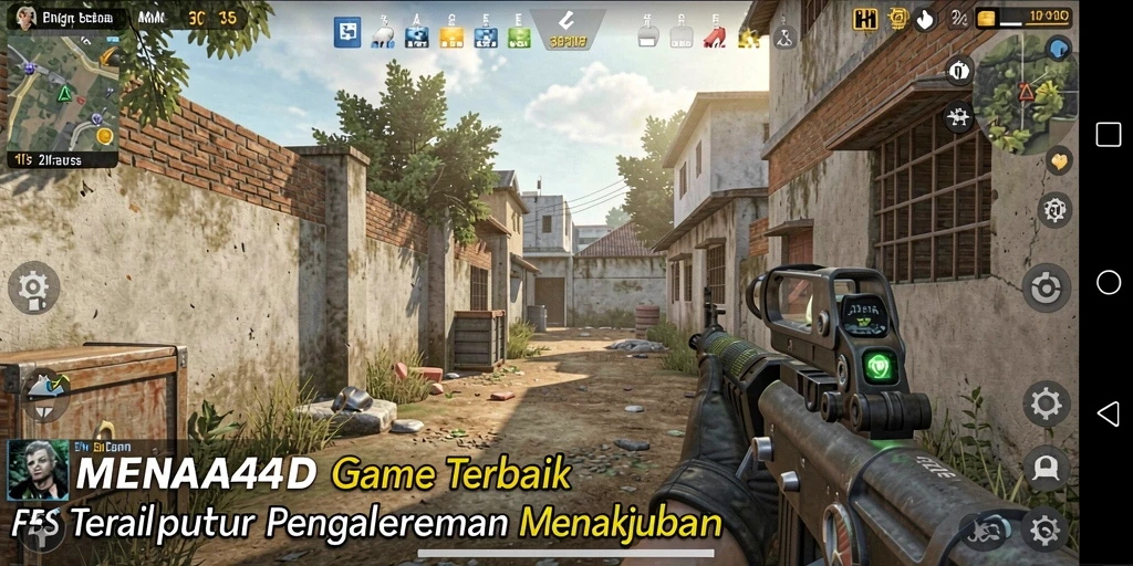 Tangkapan layar utama MENARA4D menunjukkan aksi pertempuran FPS seru dan mendebarkan.
