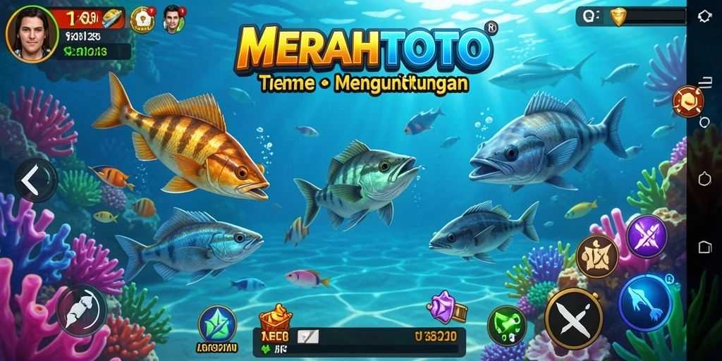Screenshot utama MERAHTOTO menampilkan aksi seru menembak ikan.