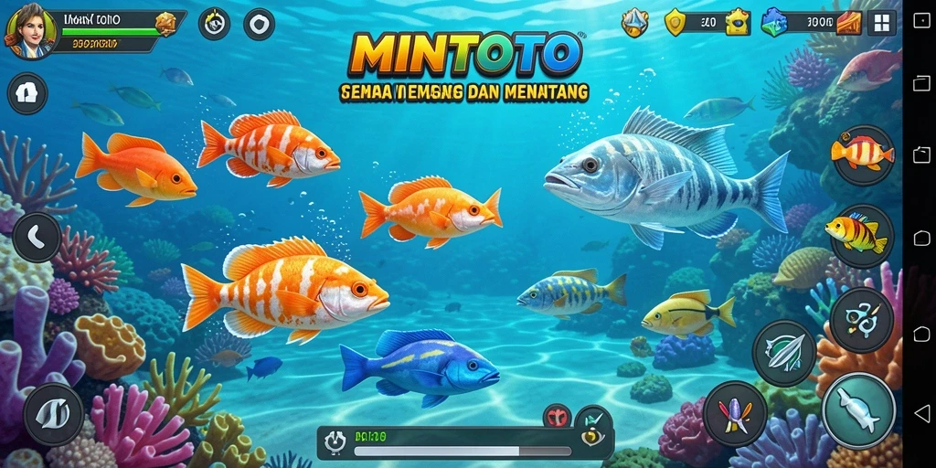 Tampilan gameplay MINTOTO dengan berbagai ikan dan senjata menarik.
