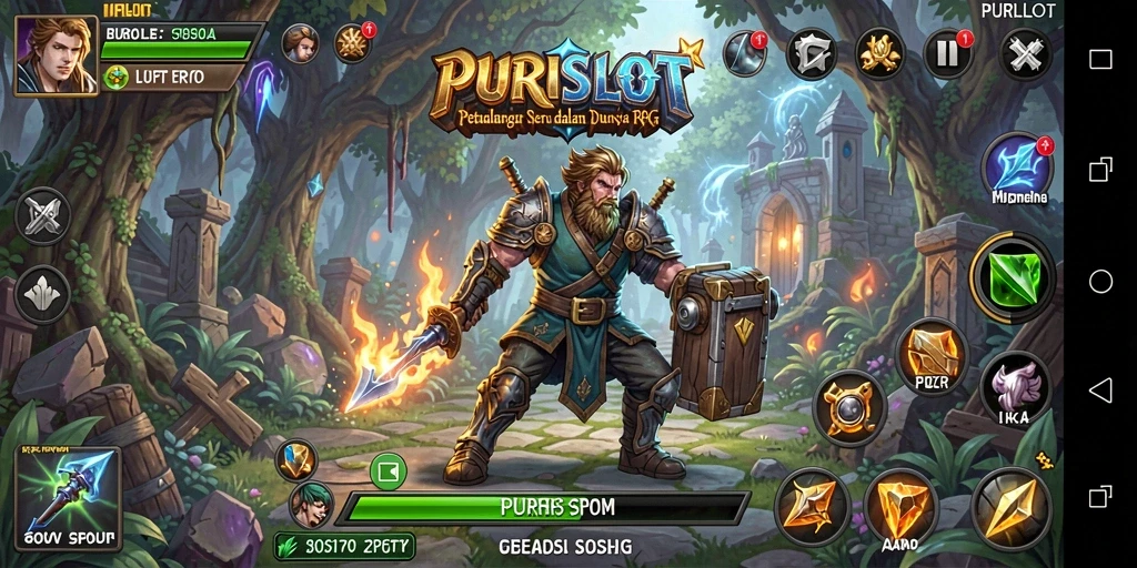 Tangkapan layar dari gameplay RPG PURISLOT yang menampilkan petualangan seru.