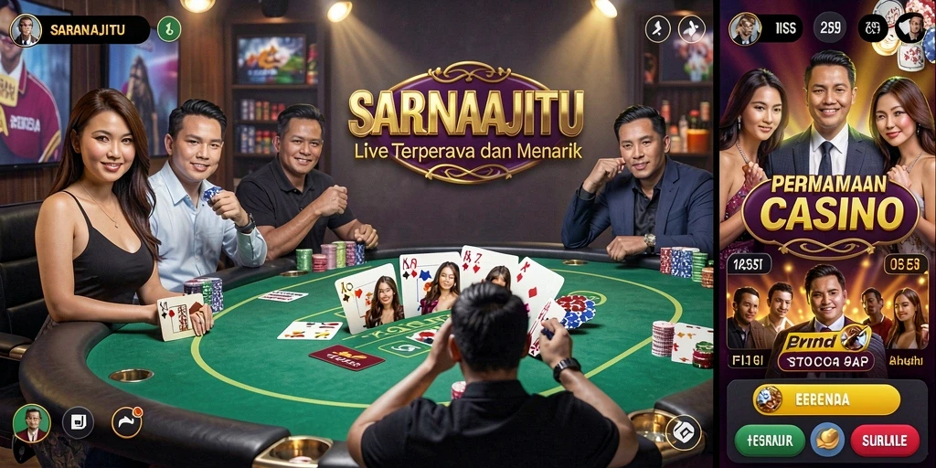 Tampilan utama SARANAJITU menampilkan dealer dan permainan Live Casino yang menarik.